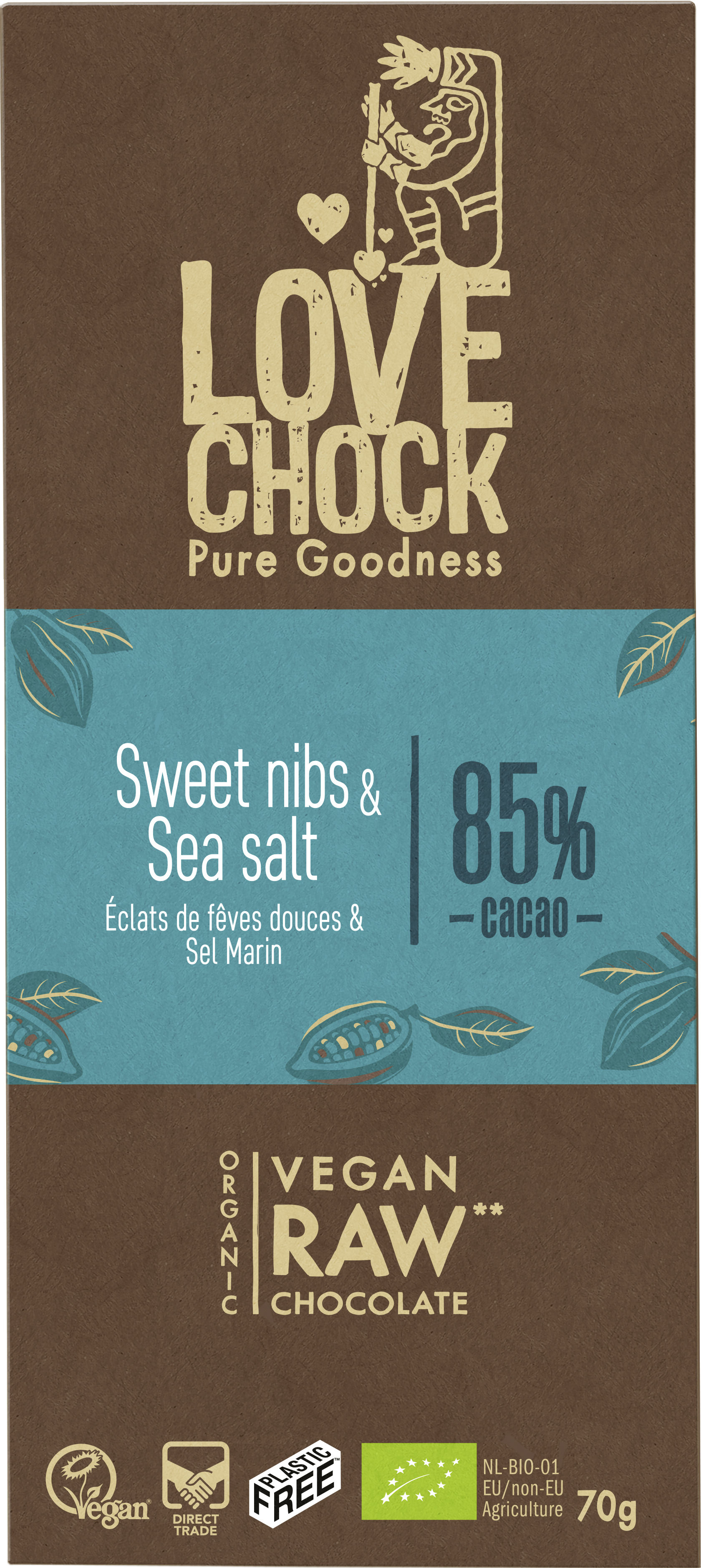 Lovechock Sweet nibs & seasalt 85% cacao tablet bio & raw 70g